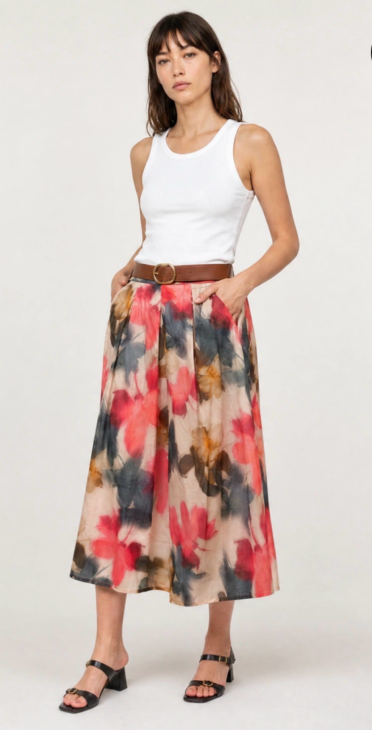 Jupe midi fluide Flora – Beige & Corai